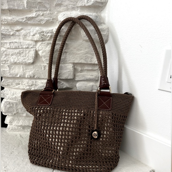 EUC The Sak large brown bucket lined crochet tote beach bag - Picture 1 of 8